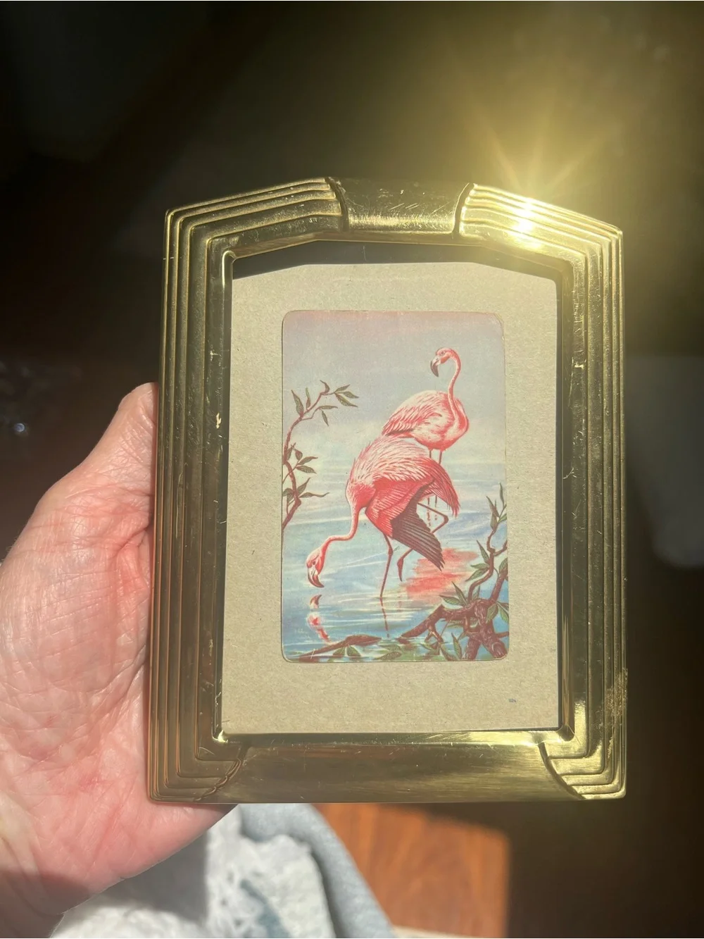 Art Nouveau Solid Brass Frame Vintage Wall Accent with Pink Flamingo Art